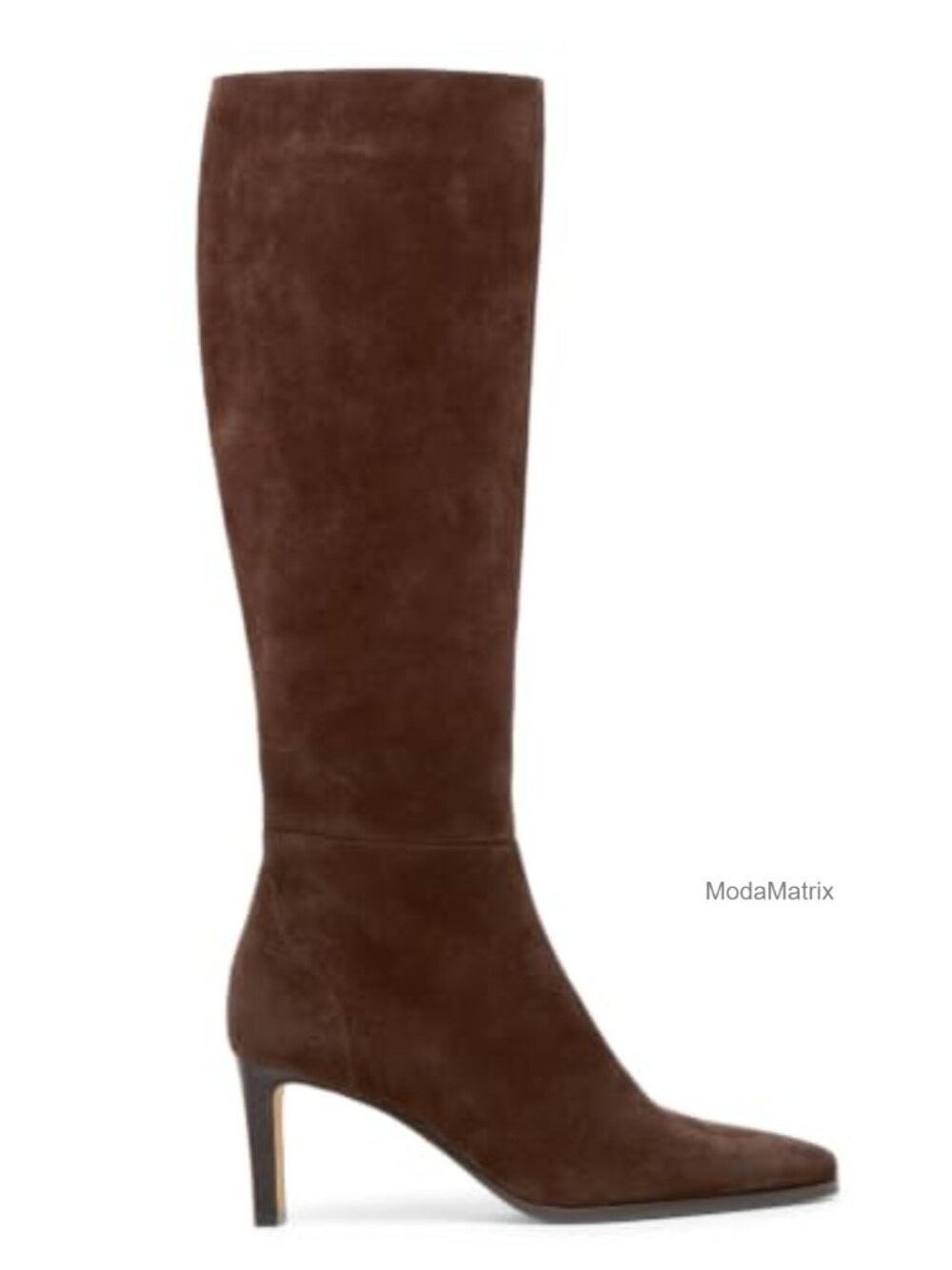 Faux Suede Knee High Boots Pointed Toe Stacked Heel Side Zip